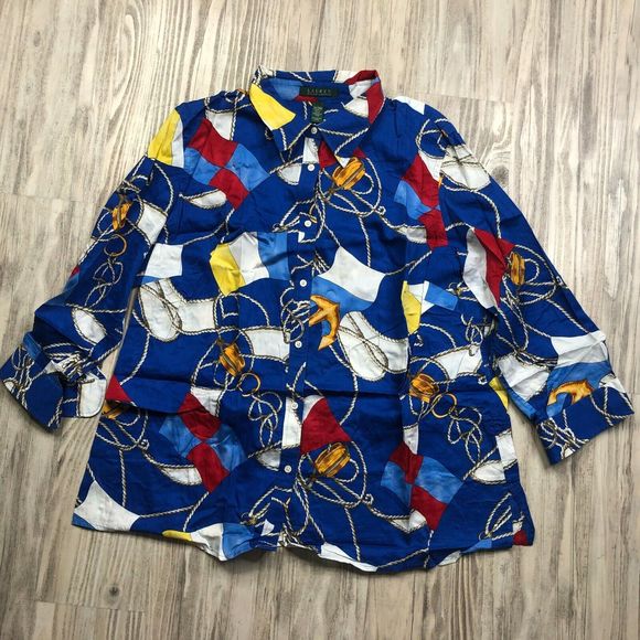 LAUREN RALPH LAUREN Women Top Blouse Nautical Theme Flags Anchor Button 2XL XXL - Picture 2 of 9